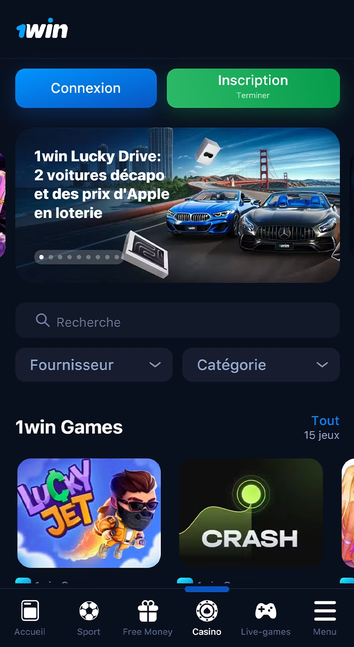 Capture d’écran montrant l’interface du casino et bonus disponibles sur l’application 1Win.