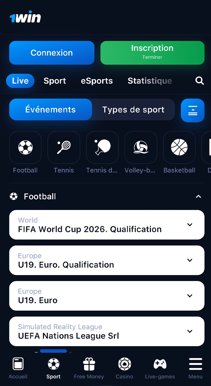 Capture d’écran de l’écran d’accueil de l’application 1Win sur smartphone Android montrant l’interface des paris sportifs.