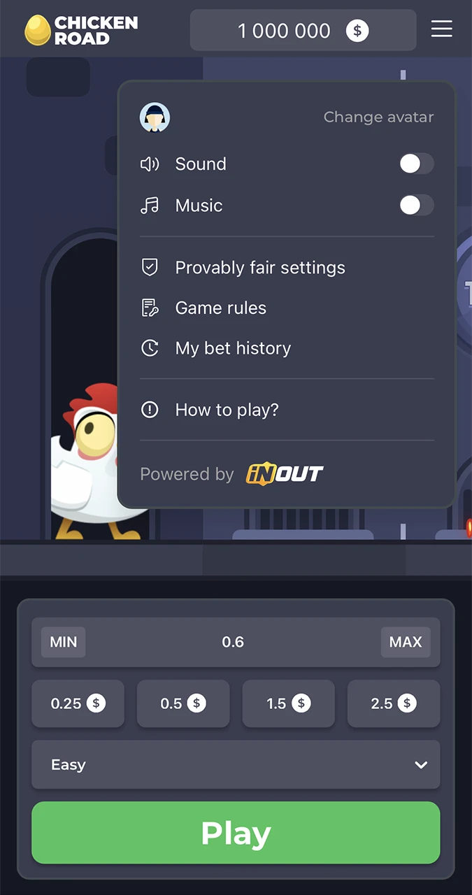Le menu des paramètres du jeu Chicken Road du casino 1win.