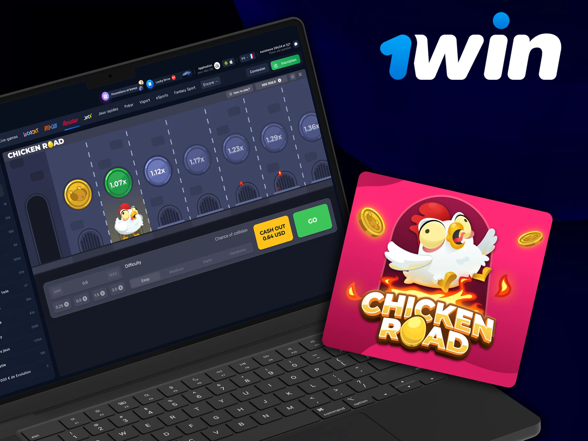 Utilisez la recherche pour trouver rapidement le jeu Chicken Road sur 1win Casino et placez un pari.