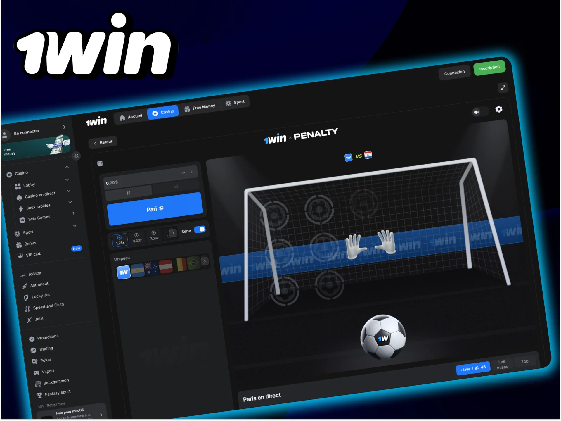 Découvrez l'interface du jeu Penalty sur le site officiel de 1Win.
