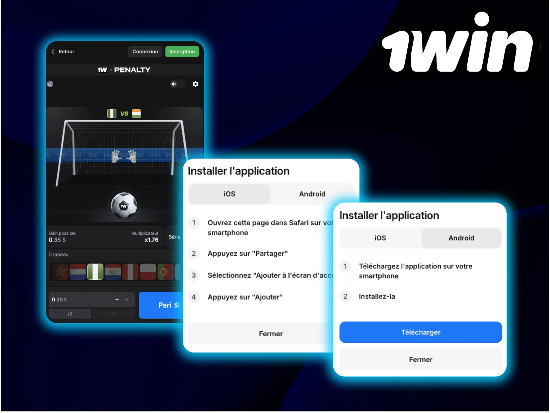 Installez l'application 1Win et jouez à Penalty sur votre mobile.