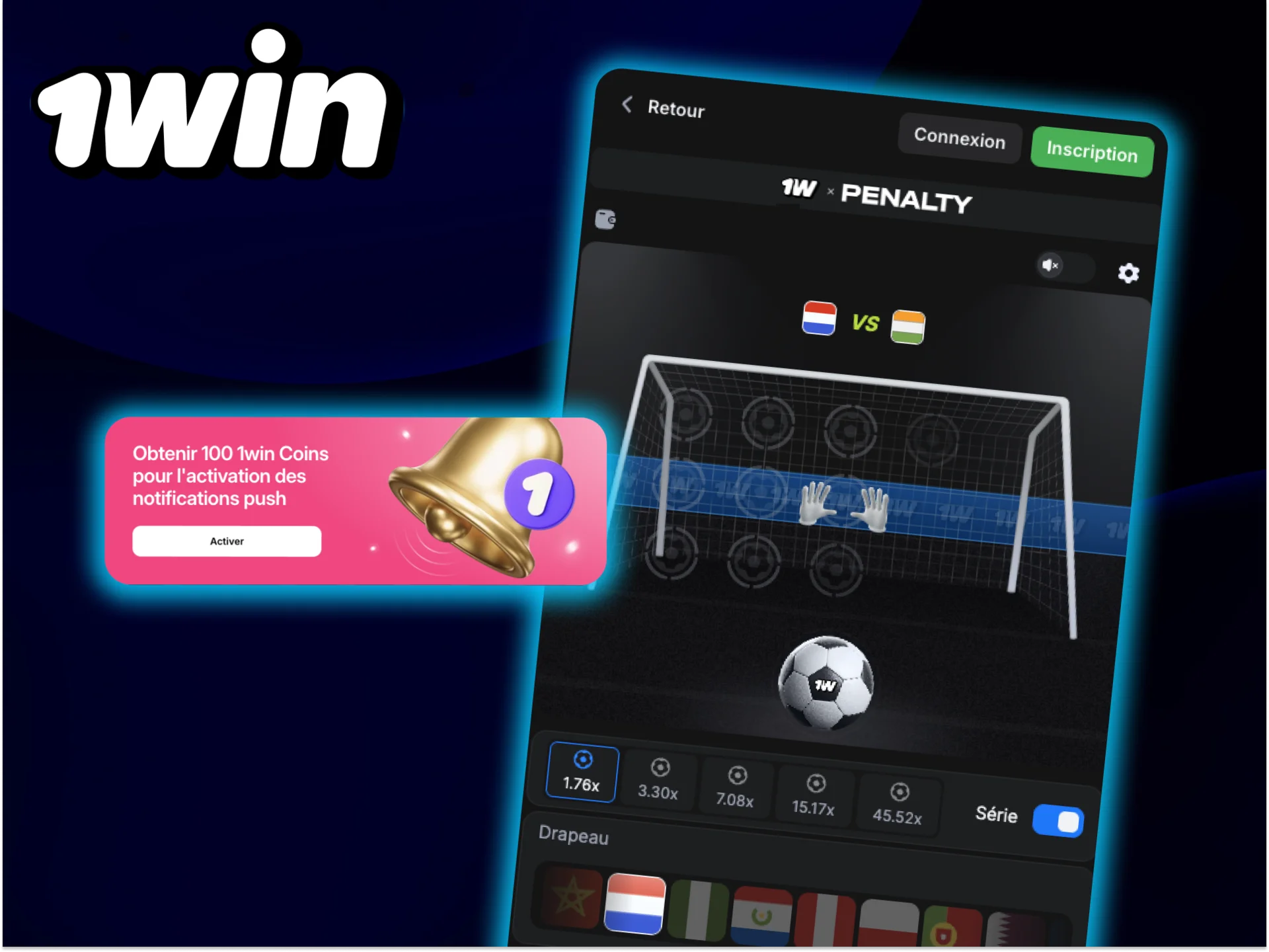 Jouez à Penalty au casino 1win, activez les notifications push et recevez un bonus.